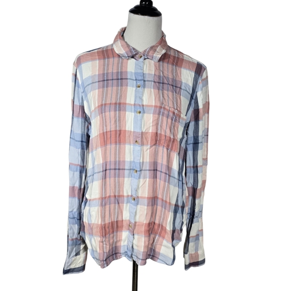 Aeropostale Size XL Pink Blue White Plaid Rayon Flannel Button- Down Shirt - Picture 1 of 8